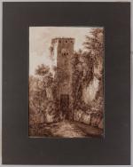 Jean-Baptiste TIERCE (1737-1794) Paysage à la tour Lavis brun sur...