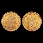 HOLLANDE, 2 x 10 Gulden en or, 1912 et 1925.

Lot...