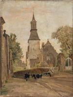 Fernand COMBES (1856-1943). Vaches devant une église bretonne. Huile sur...