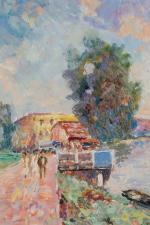 Henri STENN (1903-1993). Promenade en bord de rivière.  Toile...
