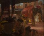 Albert BESNARD (1849-1934). Scène de rue à l'éléphant en Inde....