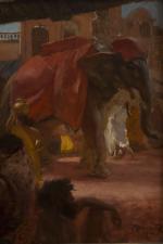 Albert BESNARD (1849-1934). Scène de rue à l'éléphant en Inde....