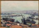Albert MARQUET (1875-1947). Le port avec cargos, Alger.Huile sur panneau...